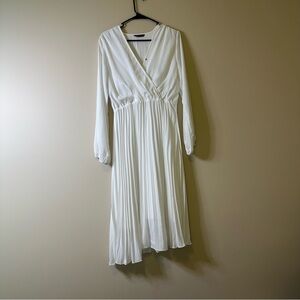 White Long Sleeve Wrap Sundress with Pleats